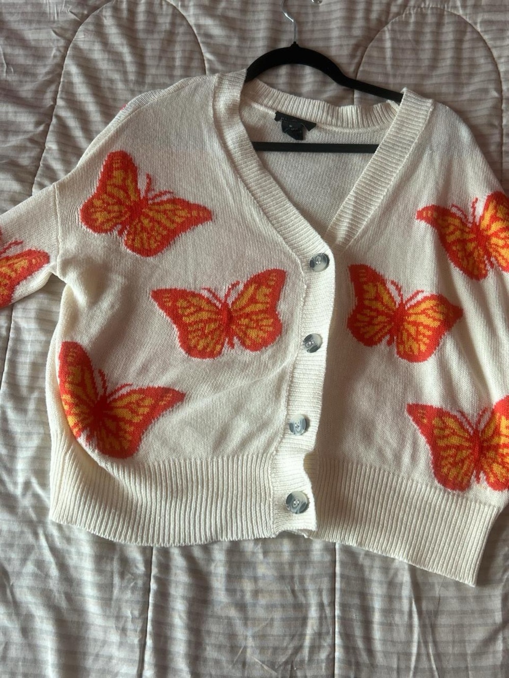 Cream Butterfly Button-Front Cardigan in Orange and Yellow